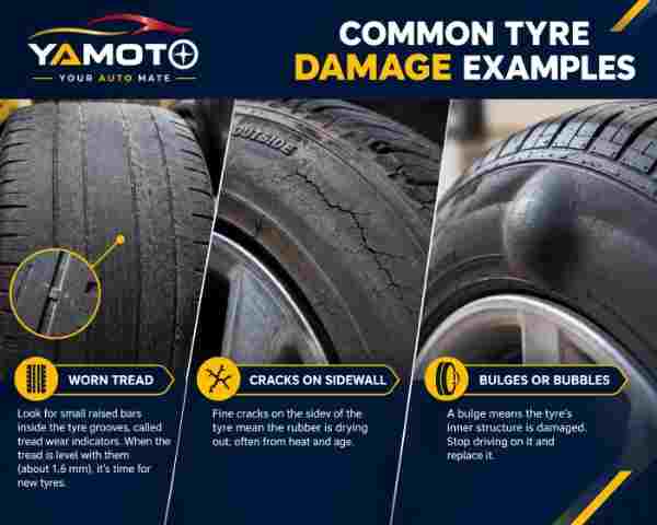 Common Tyre Damage Examples: Worn Tread, Cracks on Sidewall, and Dangerous Bulges or Bubbles